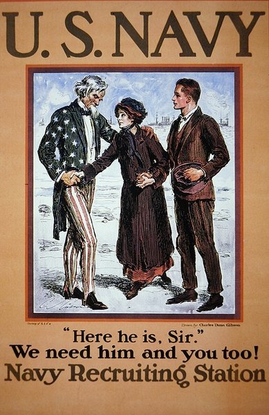 "Aqui está ele, senhor. Nós precisamos dele e de si também! Cartaz de recrutamento da Marinha dos EUA. de Charles Dana Gibson