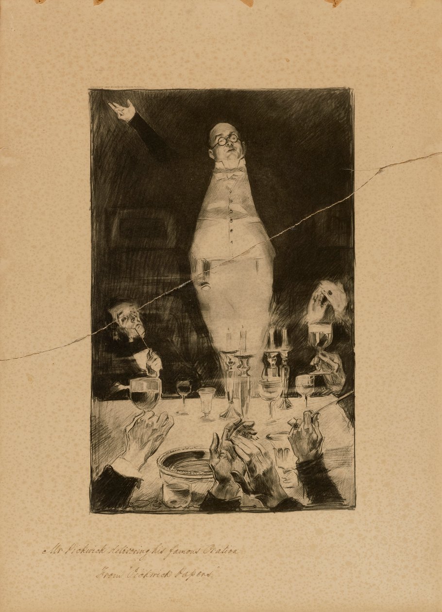 O Sr. Pickwick a proferir o seu famoso discurso, de "Pickwick Papers" de Charles Dana Gibson