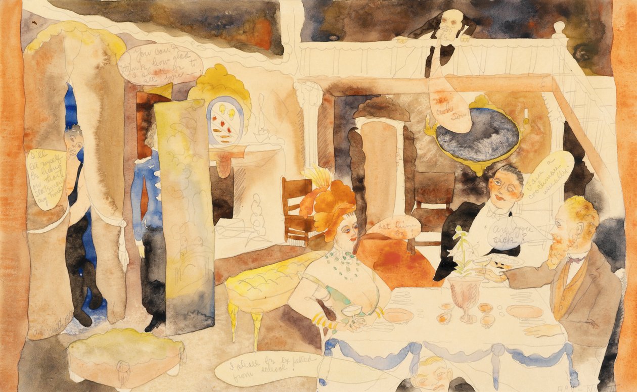 Lulu e Alva Schoen no almoço, 1918 (wc e lápis sobre papel) de Charles Demuth