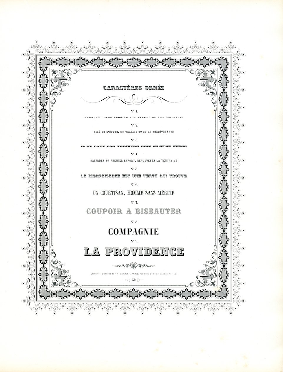 Tipos de letra ornamentais com moldura decorativa (impressão) de Charles Derriey