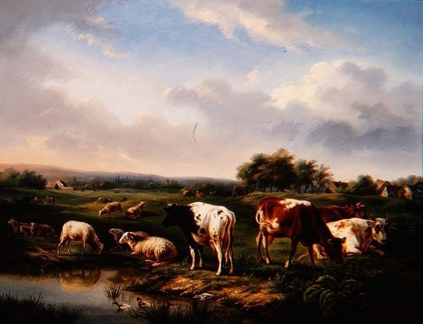 Gado e Ovelha em Paisagem (um de um par) de Charles Desan