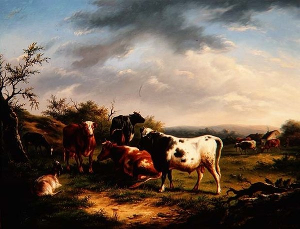 Gado e Ovelha em Paisagem (um de um par) de Charles Desan