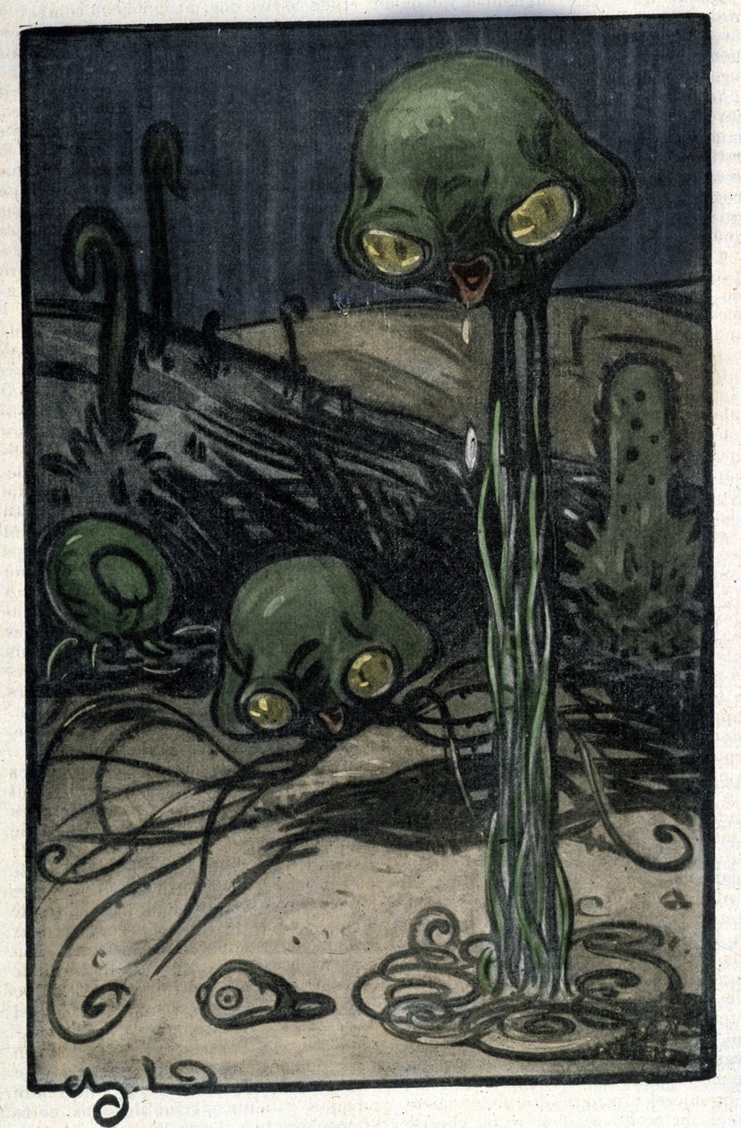 Um habitante do planeta Marte. Ilustração de M. Dudouyt (1885-1946) para o romance de Herbert George Wells (1866-1946) "The War of the Worlds". de Charles Dudouyt