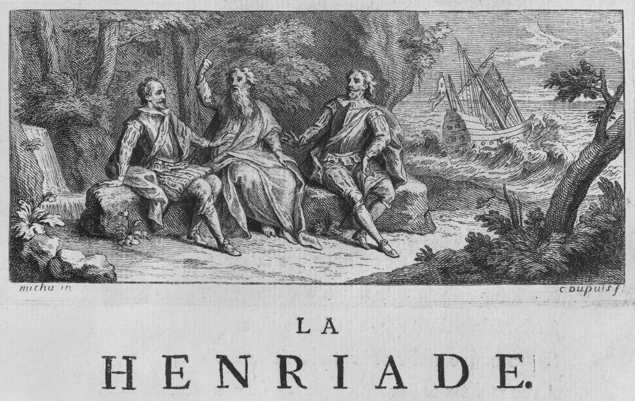 Ilustração frontispício de &39;La Henriade&39; de Voltaire (1694-1778) 1728 de Charles Dupuis