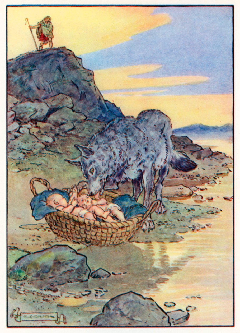 "Faustulus, o pastor do rei, passando por ali, viu que ela os lambia com a língua" (litografia a cores) de Charles Edmund (after) Brock