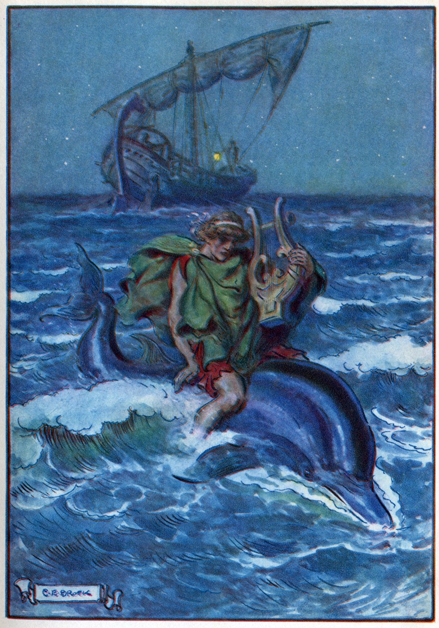 Arion, de "A Hora das Crianças: Histórias dos Clássicos", publicado pela Waverley Book Company de Charles Edmund Brock