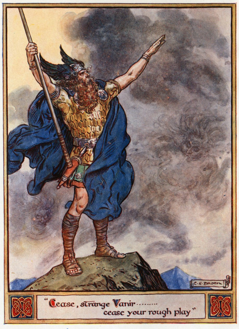 "Pare, estranho Vanir ... cesse seu jogo bruto", ilustração de "Os Heróis de Asgard, Contos da Mitologia Escandinava", de A und E Keary, 1930 de Charles Edmund Brock