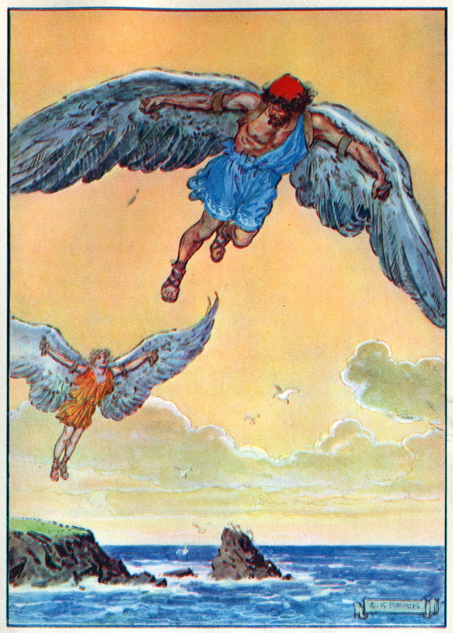 Dédalo e Ícaro, de &39;A Hora das Crianças: Histórias dos Clássicos&39;, publicado pela Waverley Book Company de Charles Edmund Brock