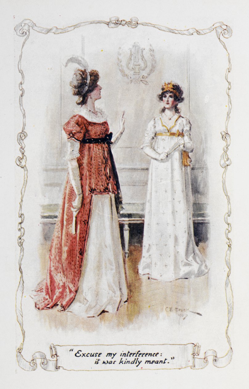 "Desculpe minha interferência, foi gentilmente feito", Georgina Darcy para Elizabeth Bennet, ilustração para 