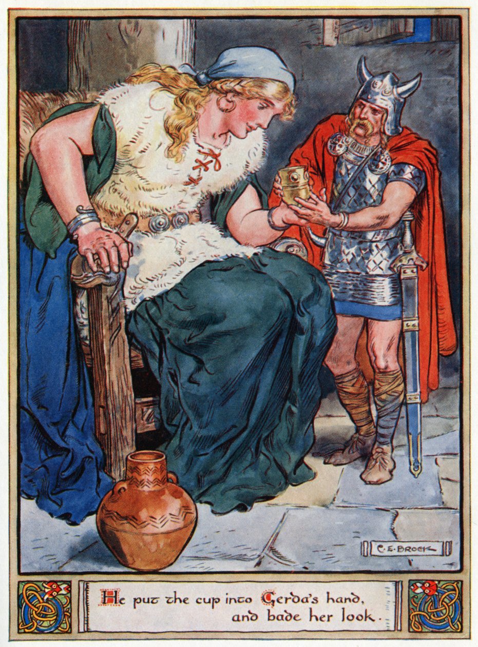"Colocou a taça na mão de Gerda e disse:" Heróis de Asgard, contos da mitologia escandinava ", de A und E Keary, 1930 de Charles Edmund Brock