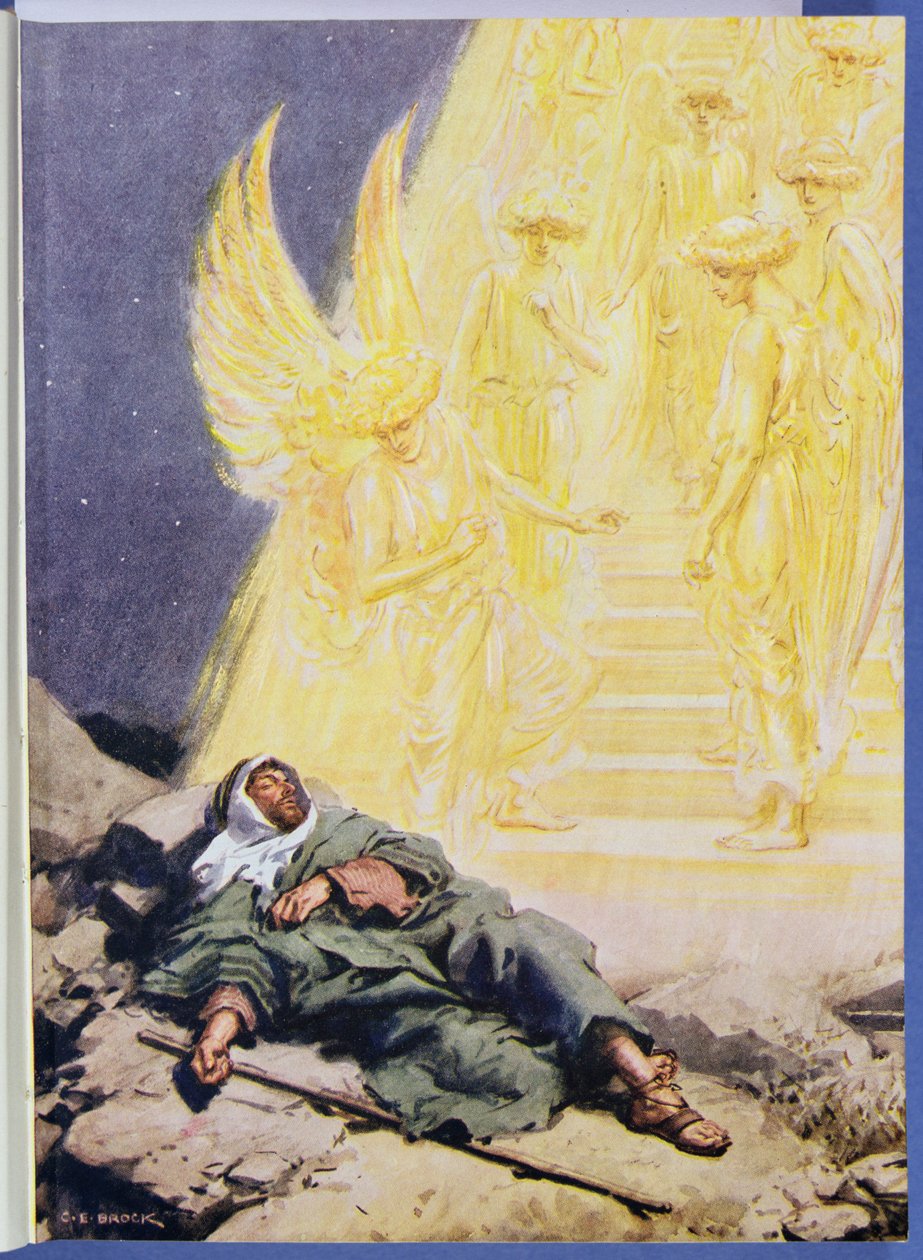 "Ele vê uma escadaria sinuosa, que vai da Terra ao Céu, brilhante de glória", ilustração de "Through the Bible", Virtue Publishing, 1928 de Charles Edmund Brock