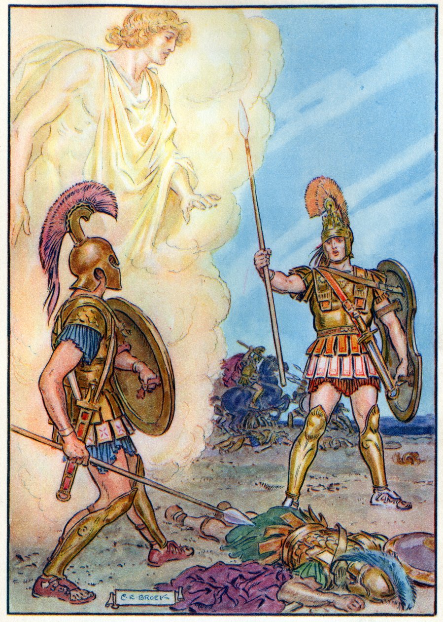 Hector salvo por Apollo, de "A Hora das Crianças: Histórias dos Clássicos", publicado pela Waverley Book Company de Charles Edmund Brock