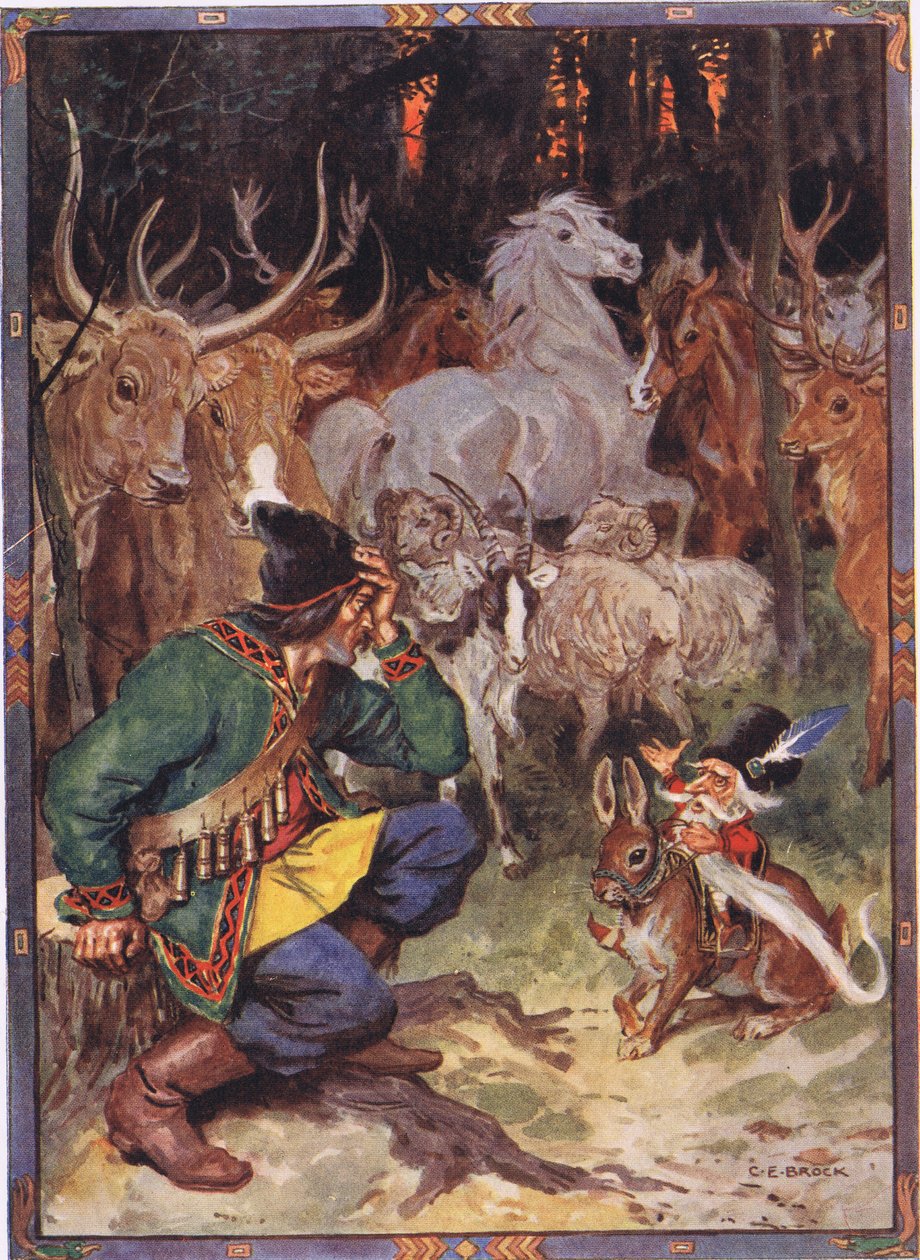 Ei! Bom homem, eu sei o que está incomodando você, cena de Sur the Eagle em histórias de crianças de lendas romenas por Moses Gaster (1856-1939) 1921 de Charles Edmund Brock