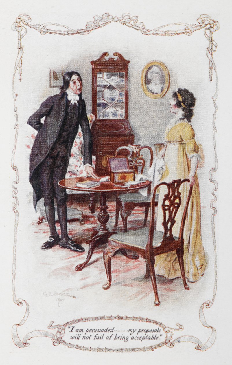 "Fiquei convencido de que minhas propostas não deixarão de ser aceitáveis", Collins e Elizabeth Bennet, ilustração de 