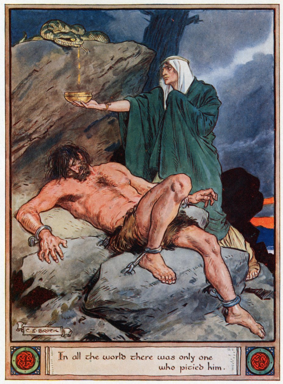"Em todo o mundo havia apenas um que tinha pena dele", ilustração de "Os heróis de Asgard, contos da mitologia escandinava", de A und E Keary, 1930 de Charles Edmund Brock