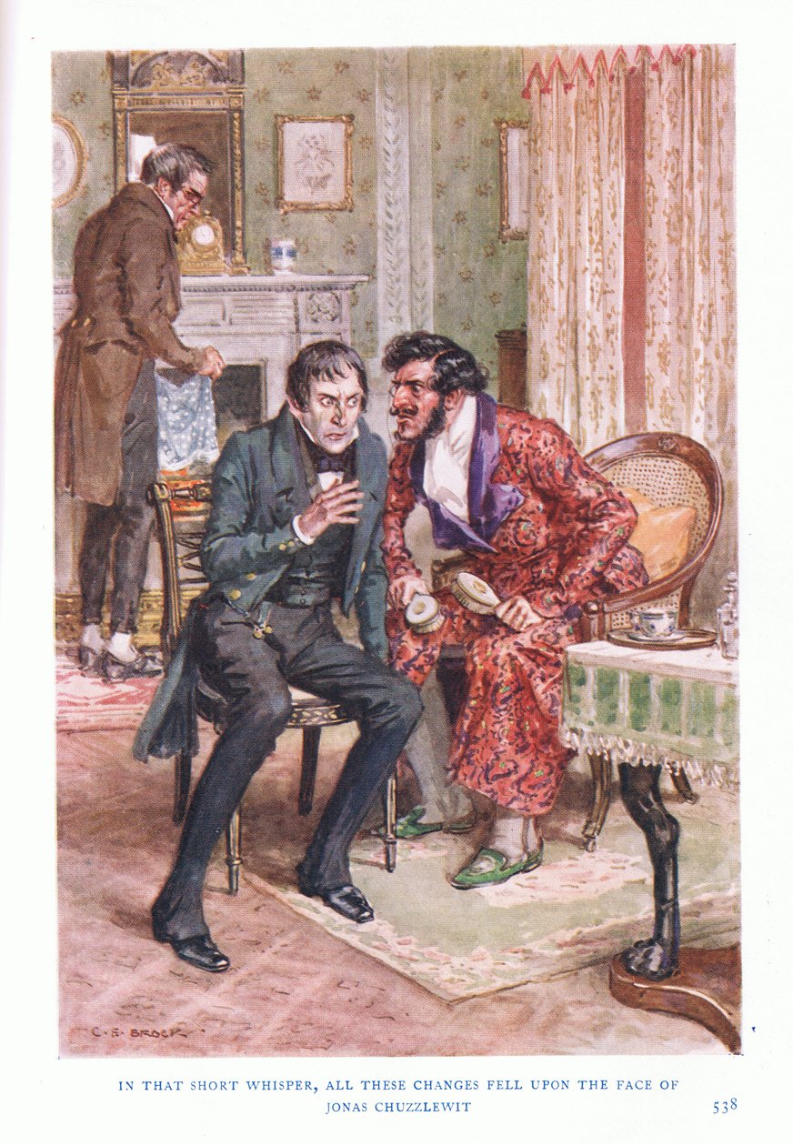 Nesse curto sussurro, todas essas mudanças caíram no rosto de Jonas Chuzzlewit de Charles Edmund Brock
