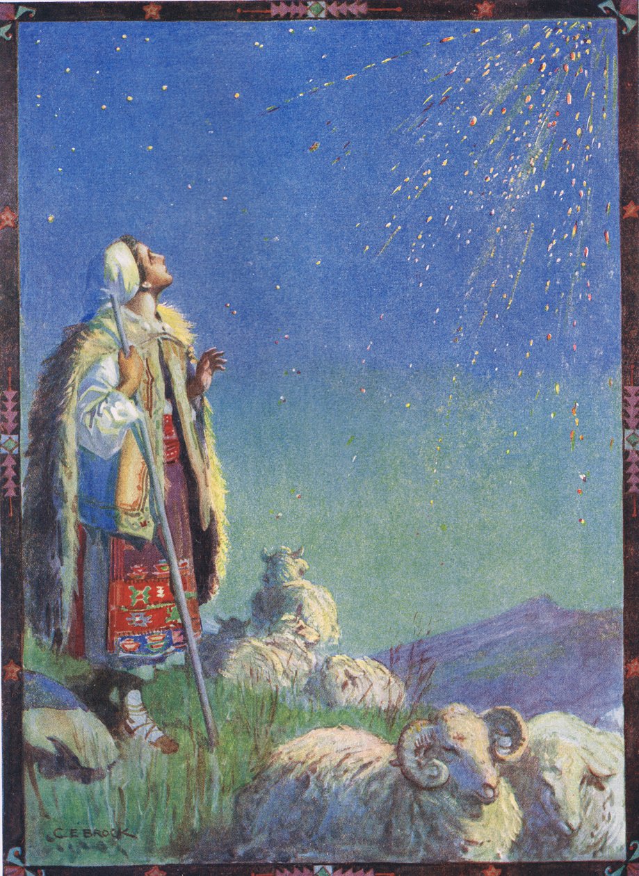 Ele desceu como uma chuva de faíscas, cena de "A História do Vaga-lume" em "Histórias infantis de lendas romenas" por Moses Gaster (1856-1939) 1921 de Charles Edmund Brock