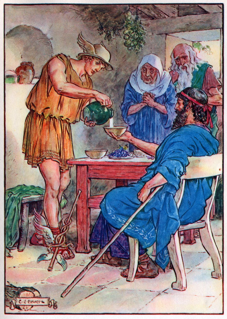Júpiter e Mercúrio na Casa de Filemon e Baucis, de "A Hora das Crianças: Histórias dos Clássicos", publicado pela Waverley Book Company de Charles Edmund Brock