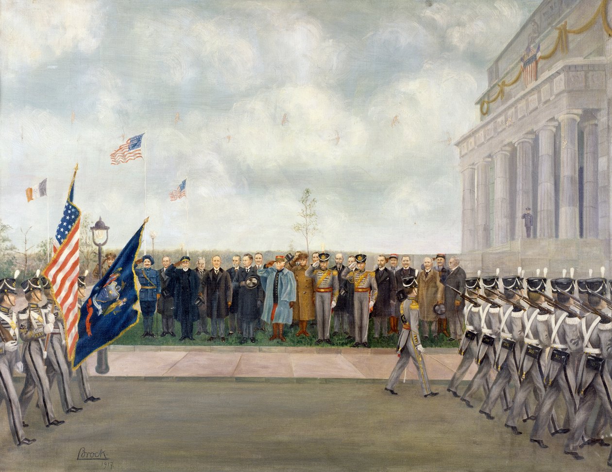 Marechal Joffre em missão a Washington, inspeccionando estudantes de West Point, Primavera de 1917, por Charles Edmund Brock (1870-1938), Primeira Guerra Mundial, Estados Unidos, século XX de Charles Edmund Brock