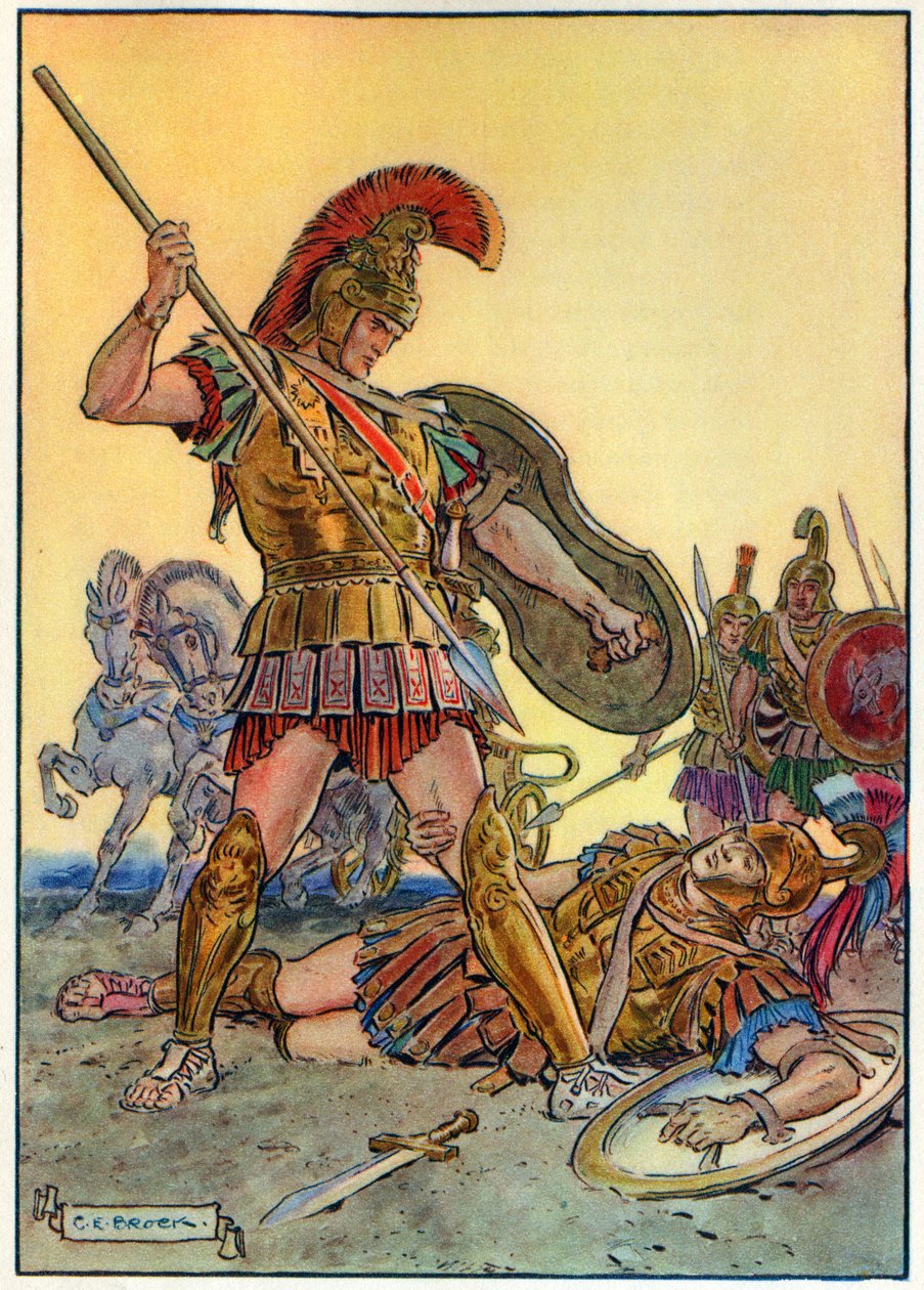 A morte de Heitor, de "A hora das crianças: Histórias dos clássicos", publicado pela Waverley Book Company de Charles Edmund Brock