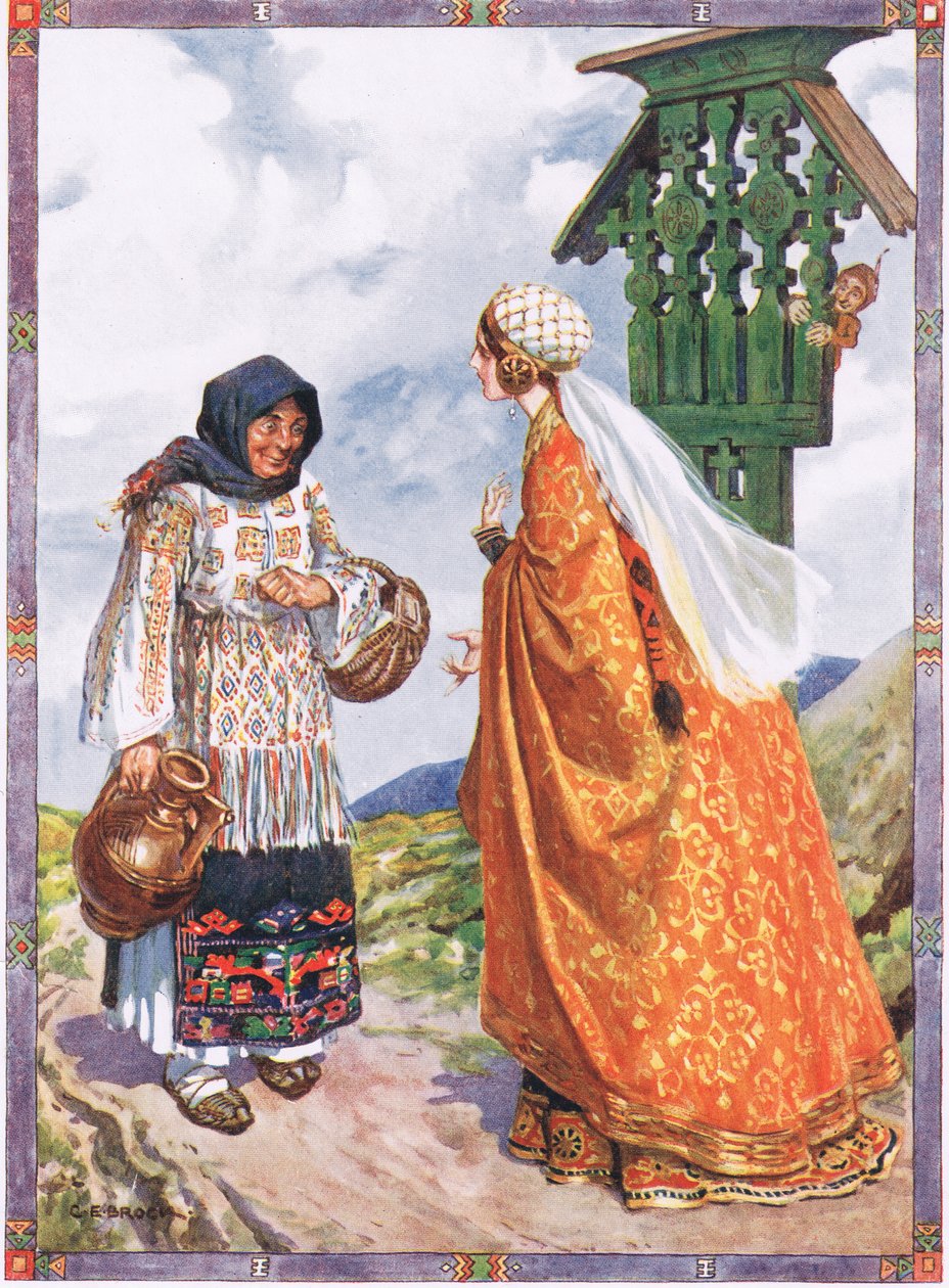 A Princesa ... pediu-lhe para trocar as roupas dos camponeses por suas roupas reais, cena de Boa Sorte e Má Sorte em Histórias Infantis de Rumanian Legends de Moses Gaster (1856-1939) 1921 (cor de Charles Edmund Brock