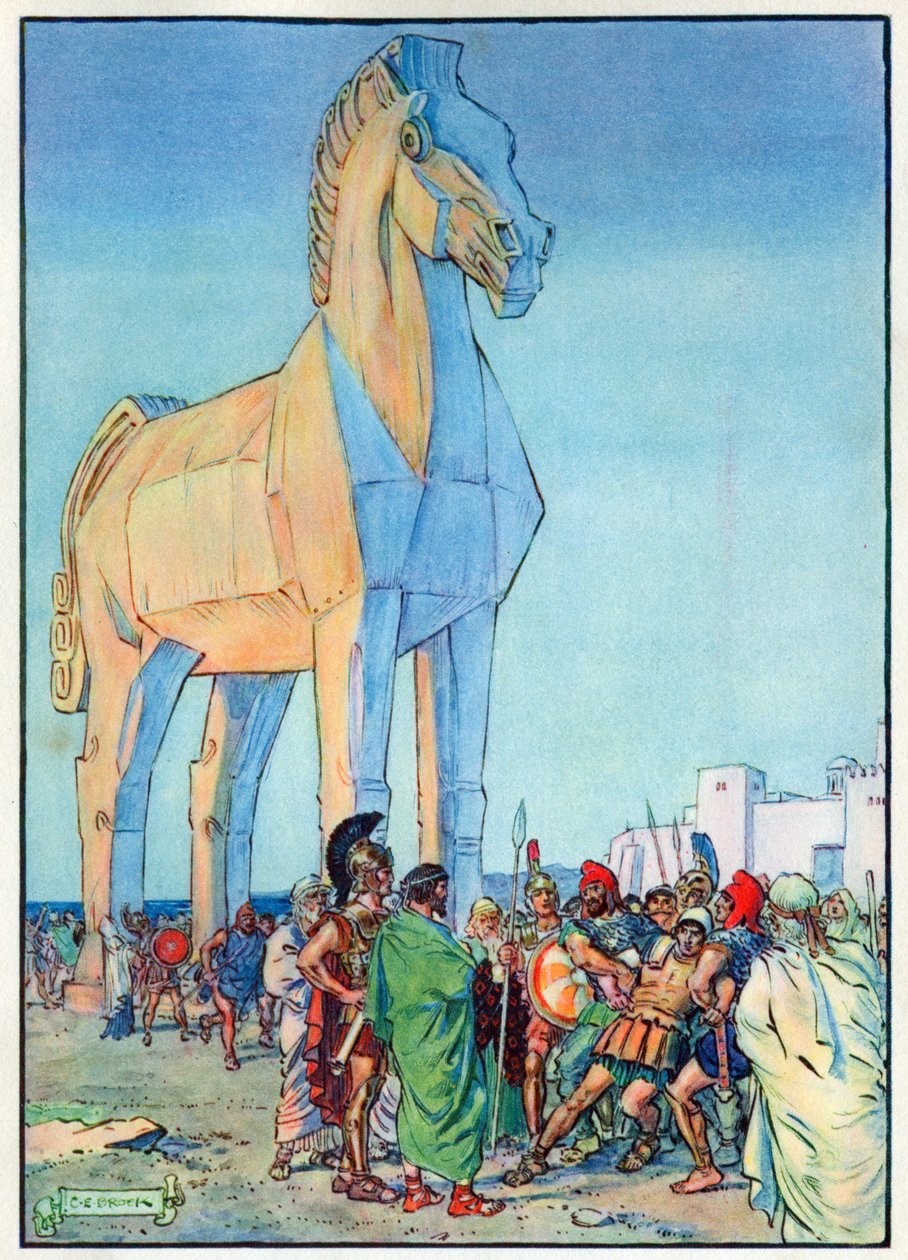 O Cavalo de Tróia, de "A Hora das Crianças: Histórias dos Clássicos", publicado pela Waverley Book Company de Charles Edmund Brock