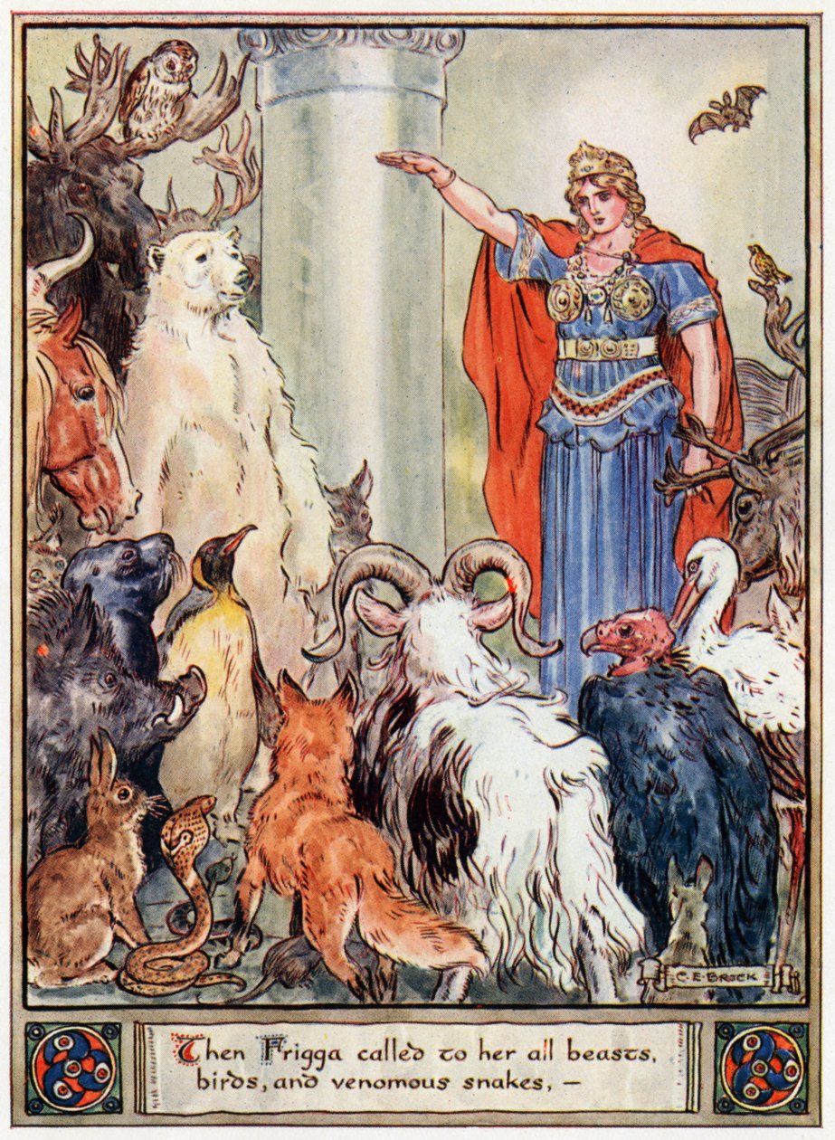 "Então Frigga chamou-lhe todos os animais, pássaros e cobras venenosas", ilustração de "Os heróis de Asgard, contos da mitologia escandinava", de A und E Keary, 1930 de Charles Edmund Brock