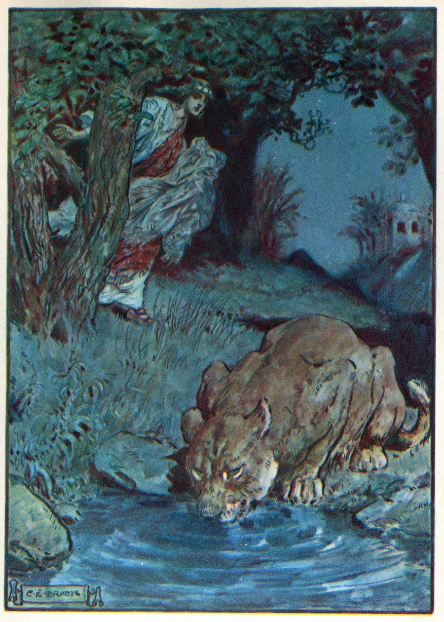 Thisbe and the Lioness, de &39;A Hora das Crianças: Histórias dos Clássicos&39;, publicado pela Waverley Book Company de Charles Edmund Brock