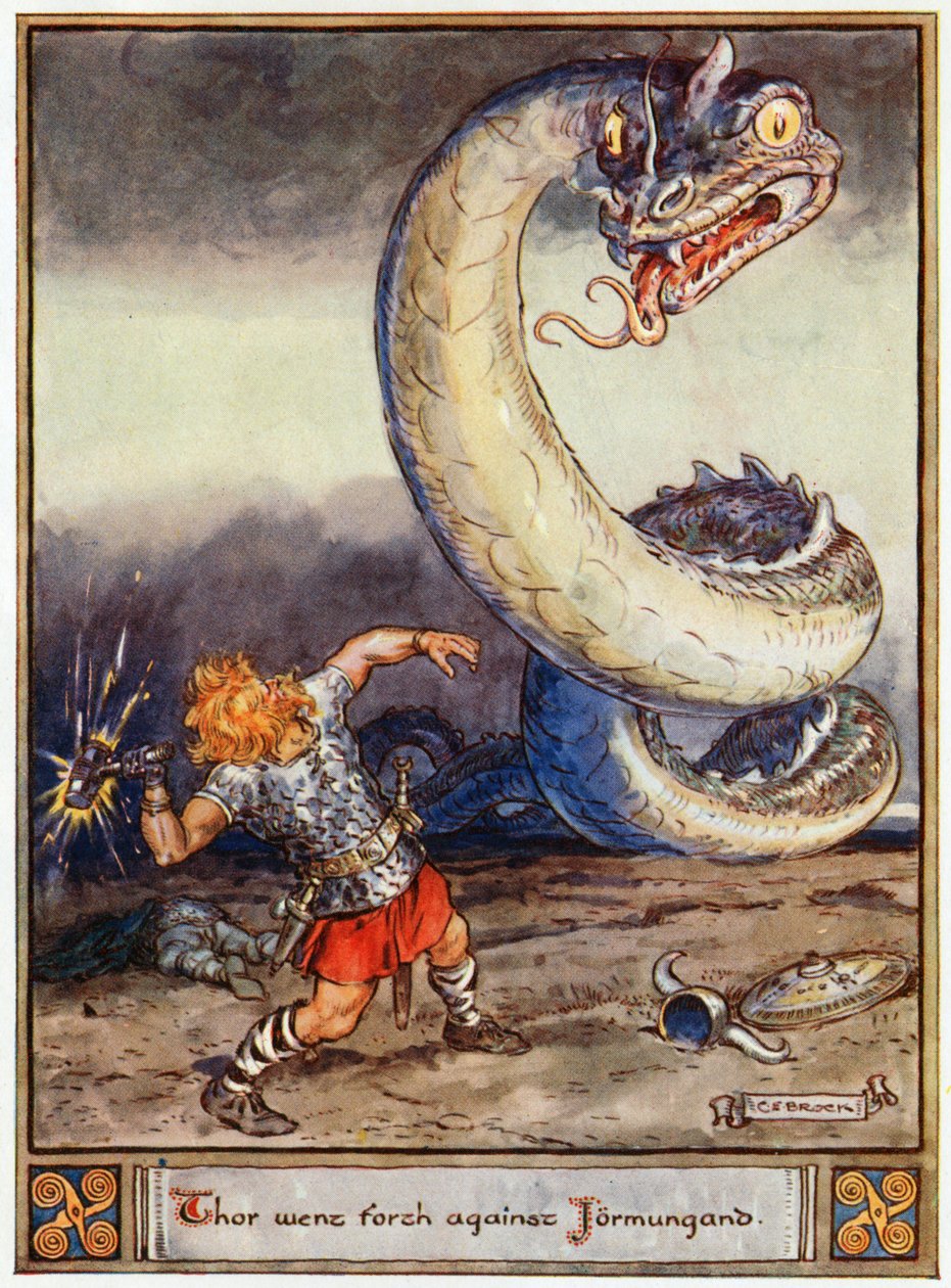 "Thor saiu contra Jormungand", ilustração de "Os heróis de Asgard, contos da mitologia escandinava", de A und E Keary, 1930 de Charles Edmund Brock
