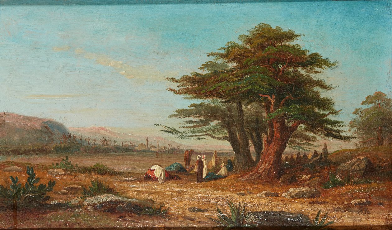 Montando acampamento, com camelos em repouso (óleo no painel) de Charles Edouard (attr.to) Frere