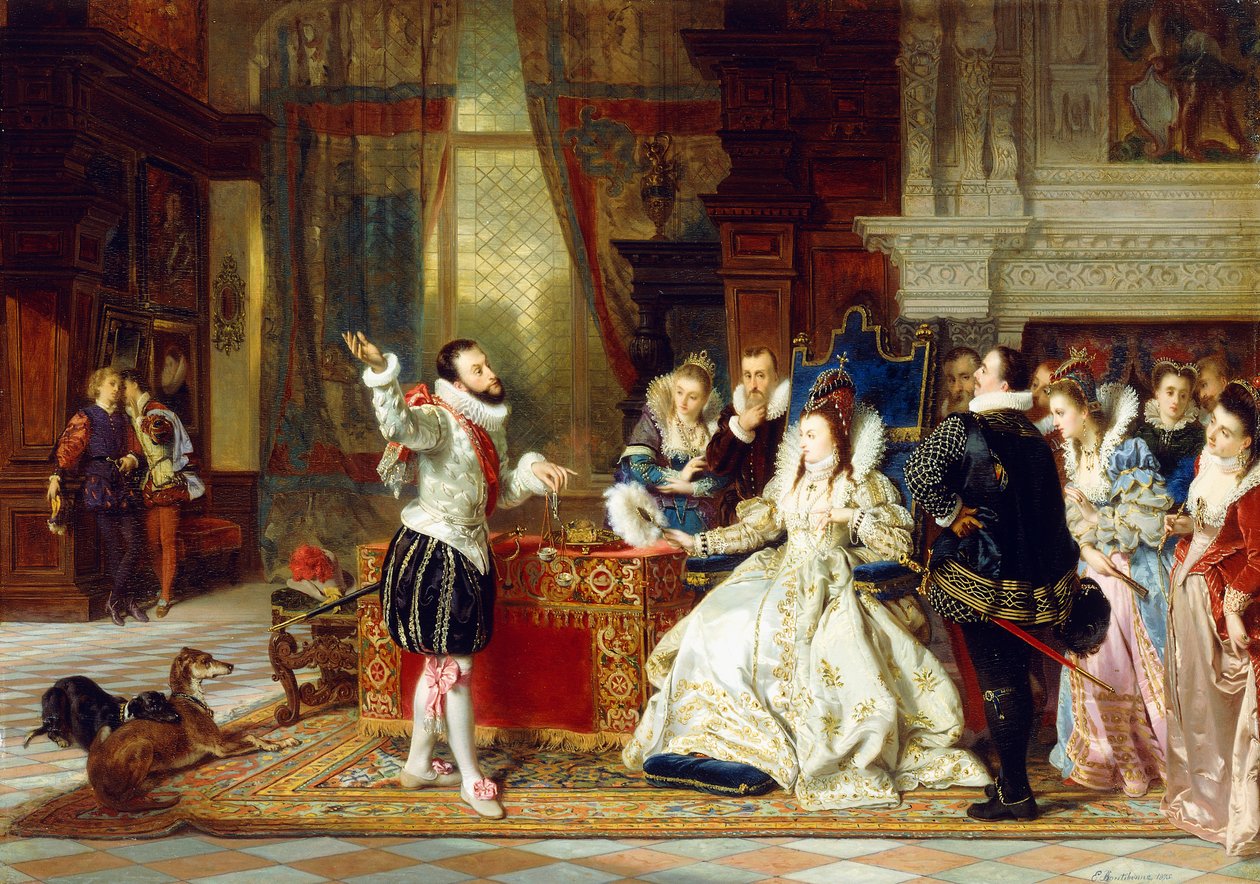 Sir Walter Raleigh e rainha Elizabeth, 1875 de Charles Edouard Boutibonne