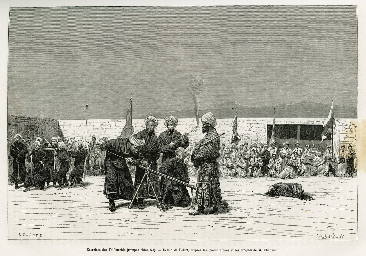 Exercícios de manipulação de espingardas baluartes Taifourchi, tropas armadas e treinadas pelos militares chineses, desenhadas por Delort, para ilustrar as memórias de uma embaixada inglesa em Kachgar (ou Kashi, China) em 1873-74, pelo Sr. Chapman e Gordon de Charles Edouard Delort