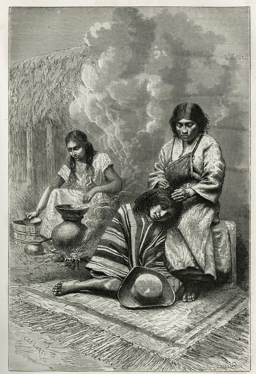 O estrago de uma criança pela sua mãe e a fabricação de aguardente de cana (rum), perto de Cali (Vale do Cauca, Colômbia), gravado por Ch.Delort, para ilustrar a história da Equinoxiale America por E.Andre, uma missão do governo francês, publicada de Charles Edouard Delort