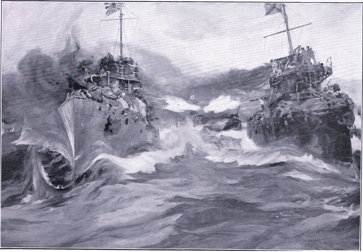 Uma luta entre destroyers, ilustração fromCassells História da Guerra Russo-Japonesa Vol 1, c.1900 de Charles Edward Dixon