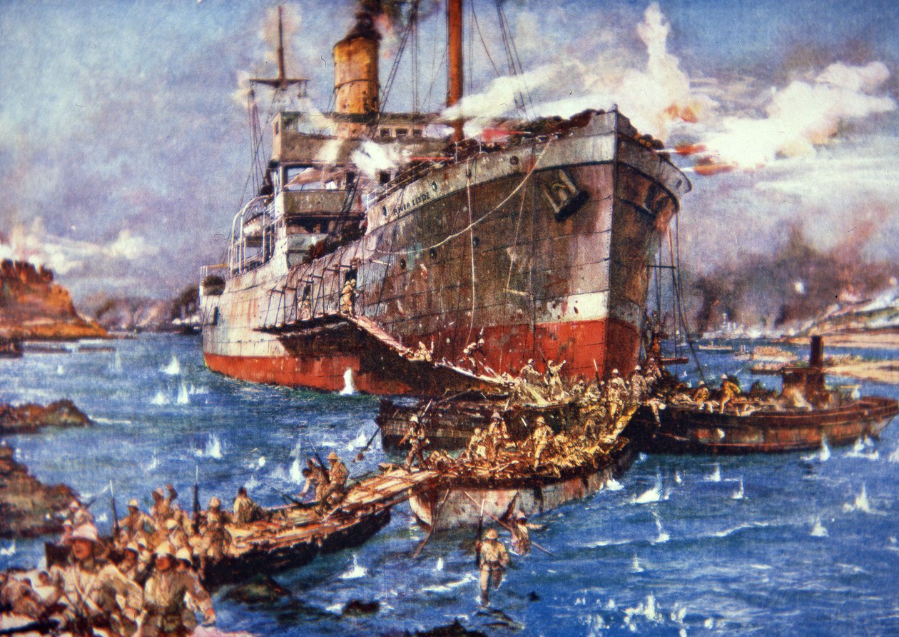 Tropas britânicas do rio Clyde desembarcam em V Beach, Gallipoli, 25 de Abril de 1915 (cor litho) de Charles Edward Dixon