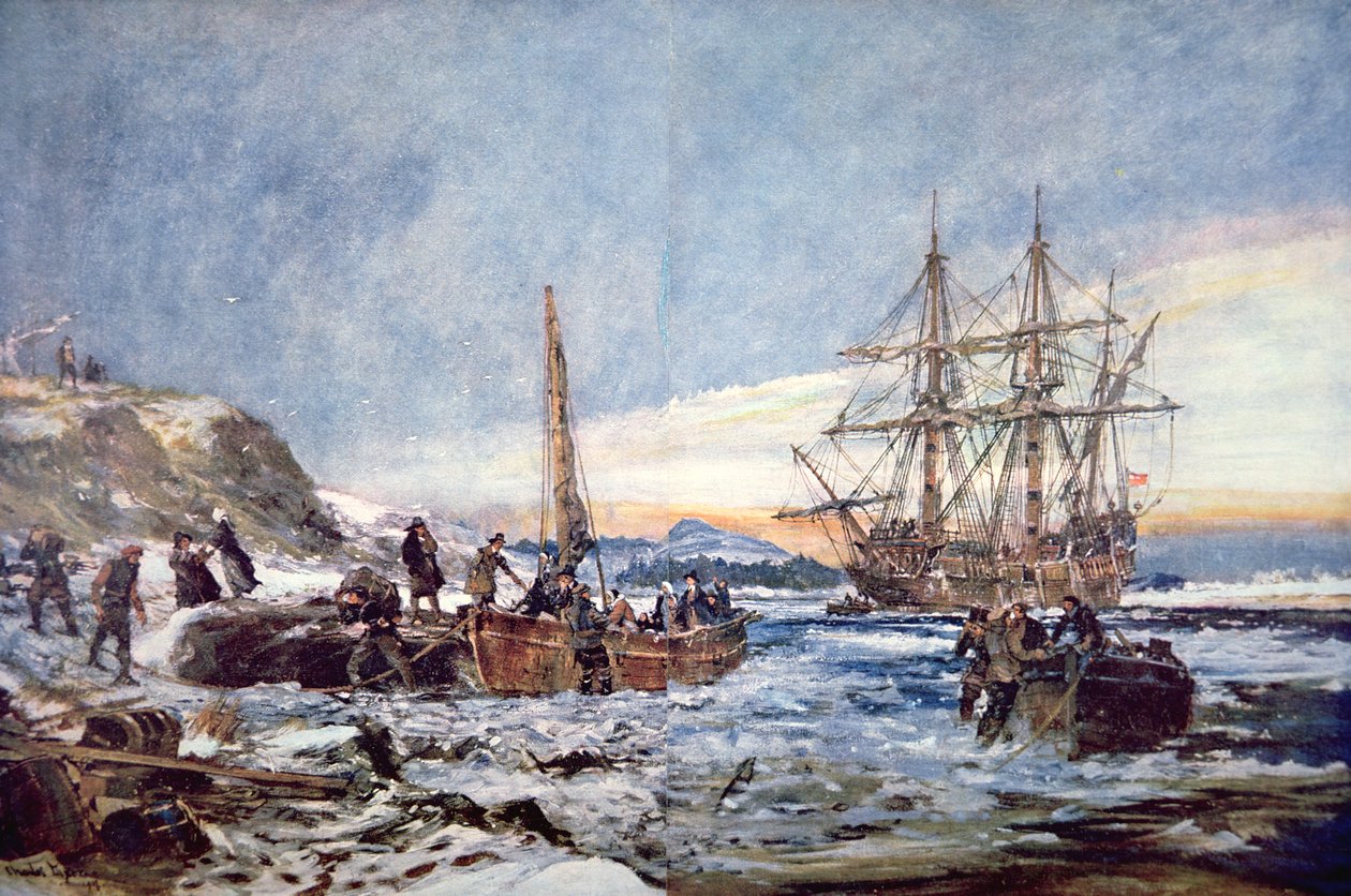 Aterragem dos Pais Peregrinos em Plymouth, Nova Inglaterra, em 1620 (aguarela sobre papel) de Charles Edward Dixon