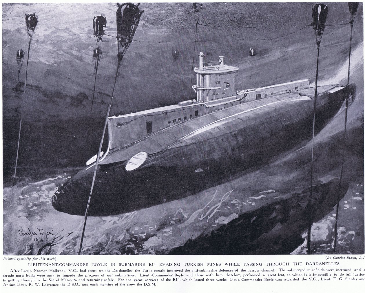 O tenente-comandante Boyle premiou o VC por escapar das minas turcas em seu submarino enquanto atravessava os Dardanelos em 1915 de Charles Edward Dixon
