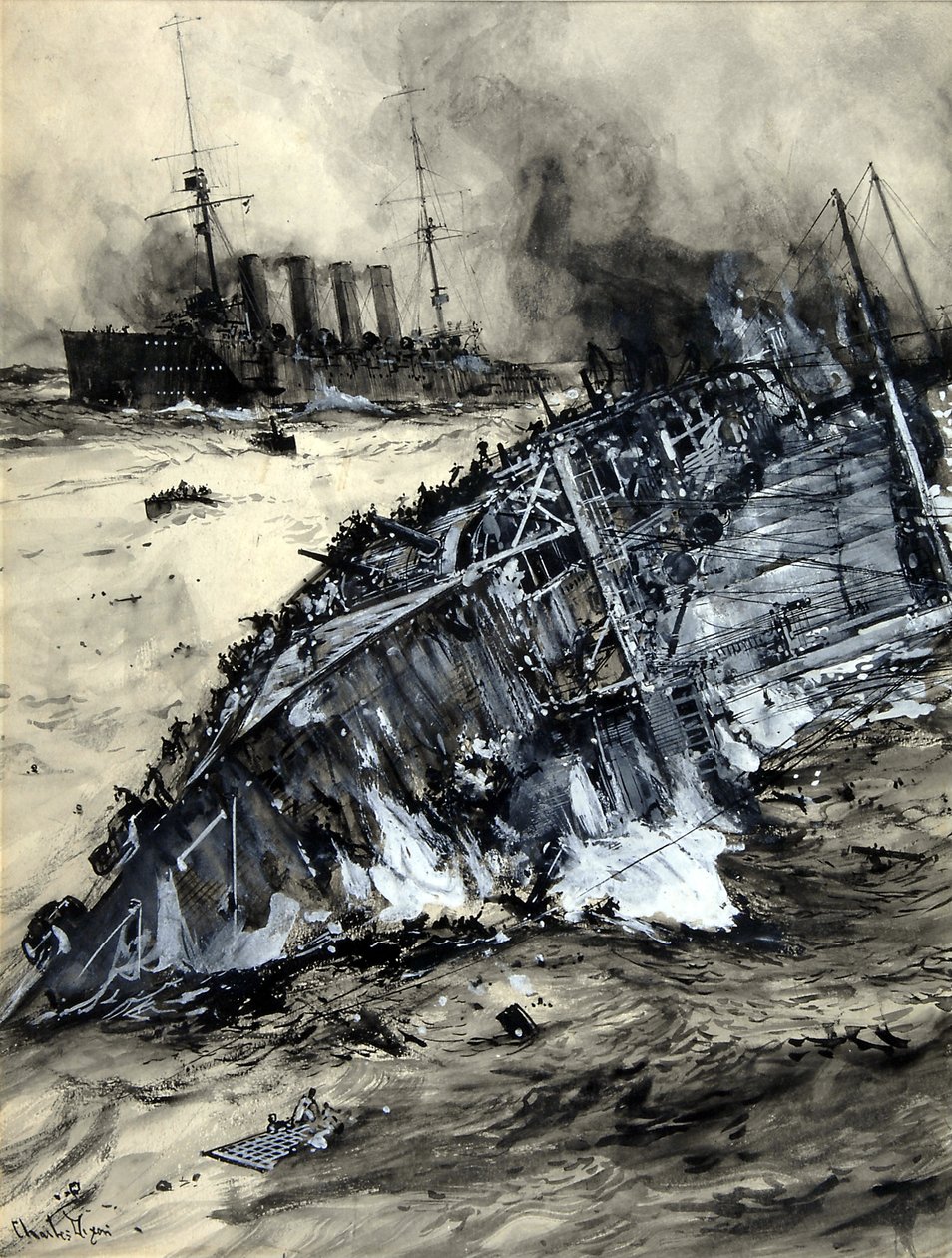 Naufrágio do HMS Hogue, Cressy e Aboukir (wc no papel) de Charles Edward Dixon