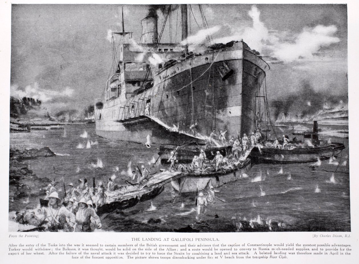 O desembarque na península de Gallipoli, ilustração da "História da nação britânica" de Hutchinson, c.1920 de Charles Edward Dixon