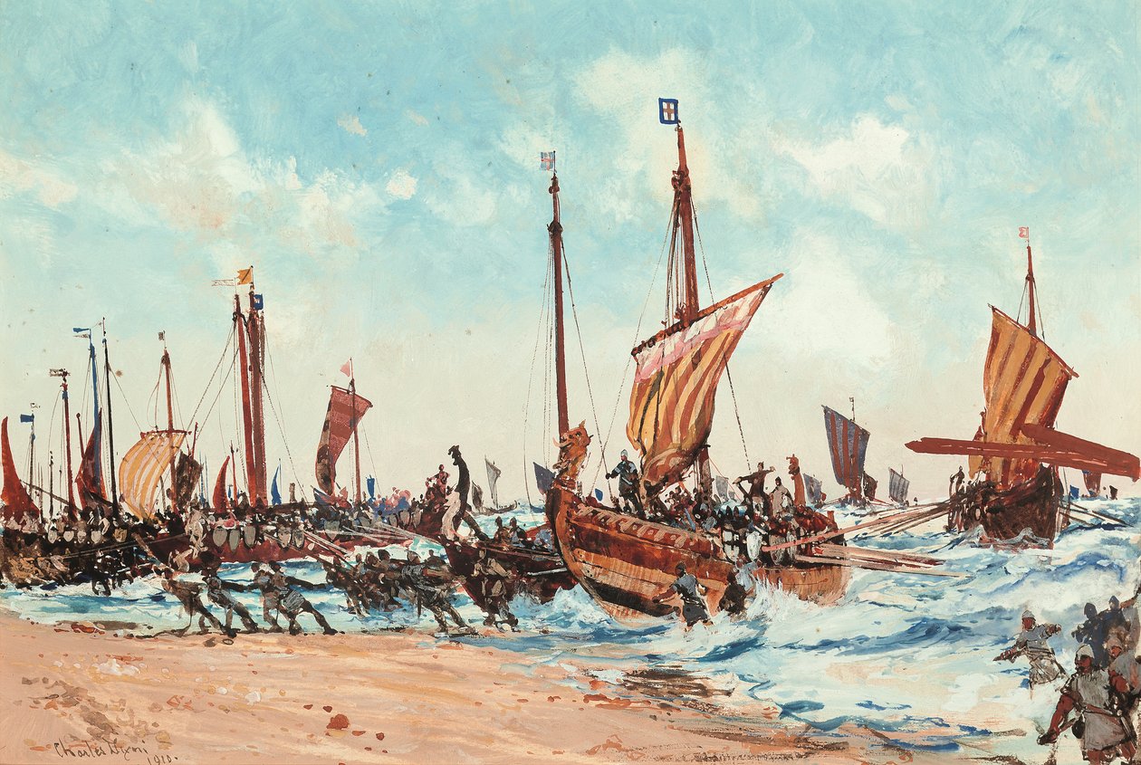 O desembarque de Guilherme, o Conquistador, em Hastings, a 28 de setembro de 1066 de Charles Edward Dixon