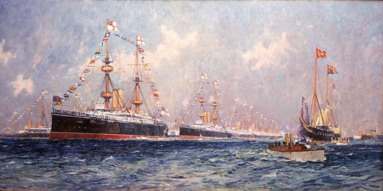 A revista durante o Jubileu de Diamante da Rainha Vitória (1819-1901) em Spithead (Inglaterra), 26 de junho de 1897 de Charles Edward Dixon
