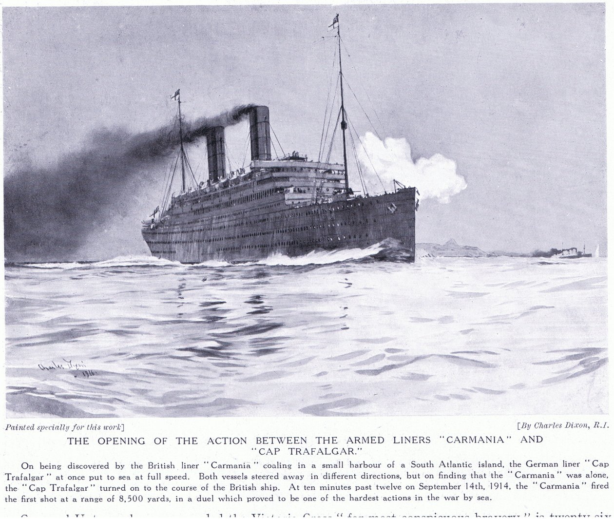 A ação de abertura entre os armadores Carmania e Cap Trafalgar, Atlântico Sul, setembro de 1915 de Charles Edward Dixon