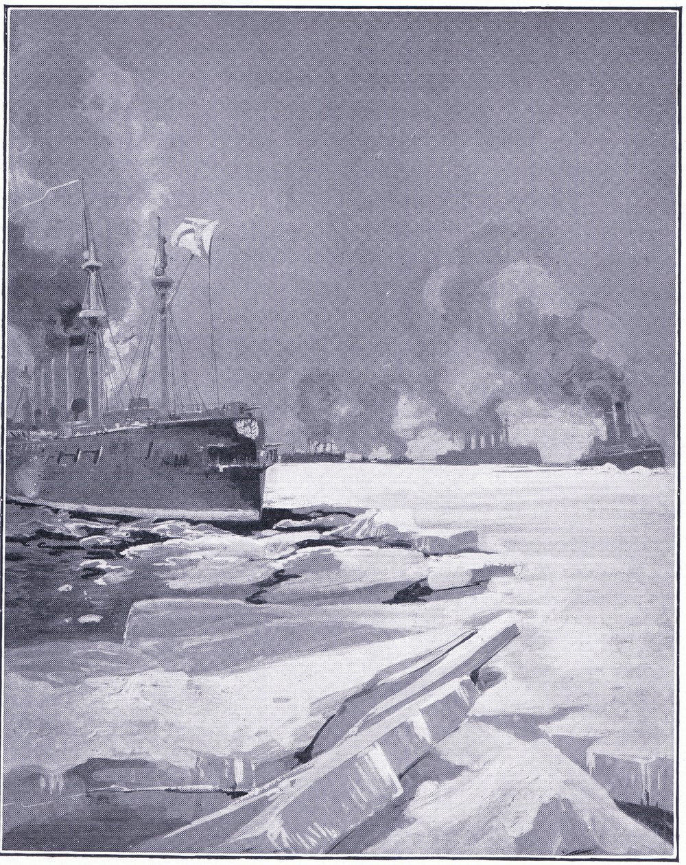 Esquadrão de Vladivostok forçando-se através do gelo do porto de Vladivostok, ilustração fromCassells História da Guerra Russo-Japonesa Vol 1, c.1900 de Charles Edward Dixon
