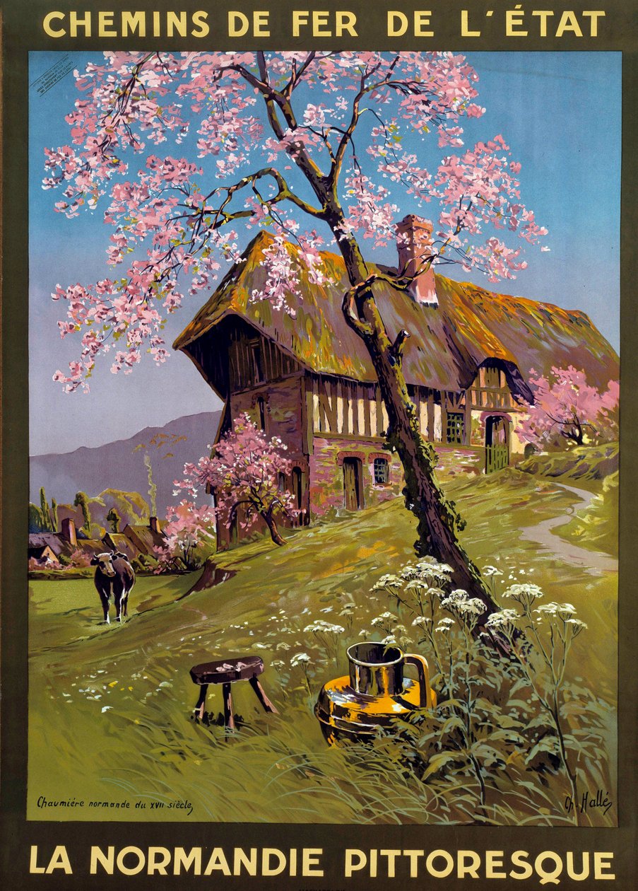 Cartaz de Charles Edward Halle (1846-1919) para os Caminhos de Ferro do Estado - Pitoresca Normandia: casa de campo do século XVII no interior da Normandia. Coleção particular do século 19 - Cartaz de Charles Edward Halle (1846-1919) para os Caminhos de Fe de Charles Edward Halle