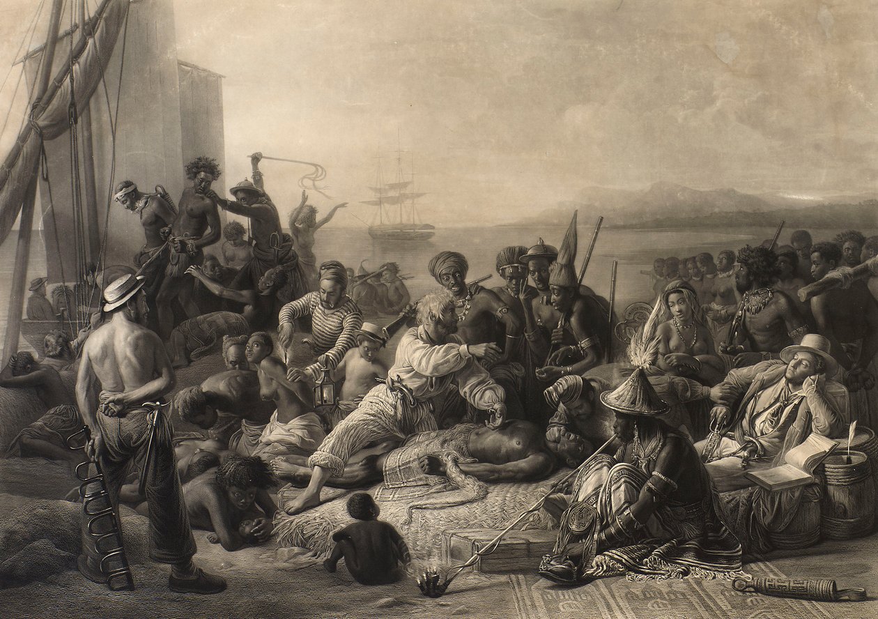 "Cena na Costa de África": escravos e senhores de escravos aguardam o transporte para o estrangeiro. de Charles Edward Wagstaff
