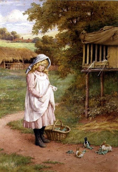Alimentando os coelhos (óleo sobre tela) de Charles Edward Wilson