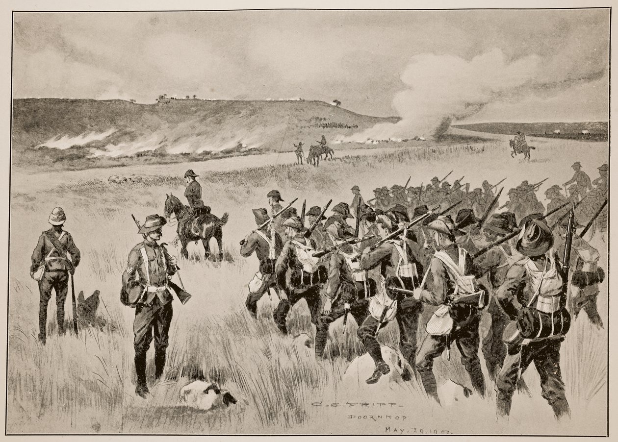 A Cidade de Londres Voluntários Imperiais apoiando o flanco esquerdo do General Hamilton na ação em Doornkop em 29 de maio de 1900 de Charles Edwin Fripp