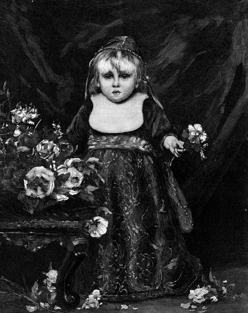 Um futuro doge (criança veneziana do século XVI) (século XIX). Gravura após a pintura de Emile Auguste Carolus Duran (Charles Duran ou Carolus-Duran) (1837-1917). Em "O Mundo Ilustrado" n°1261 de 28 de Maio de 1881. de Charles Emile Auguste Carolus Duran