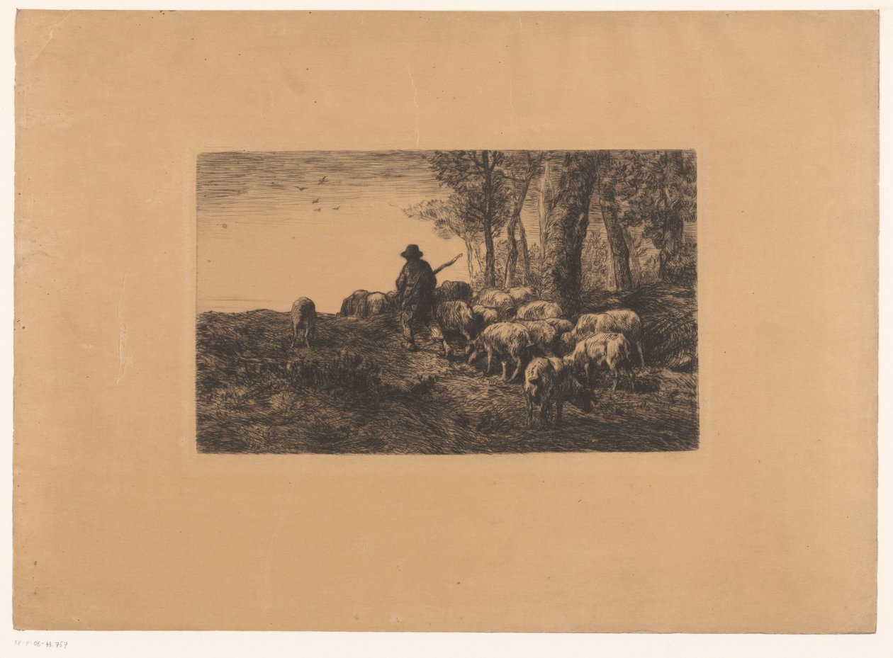Pastor com grupo de porcos de Charles Emile Jacque (attributed to)