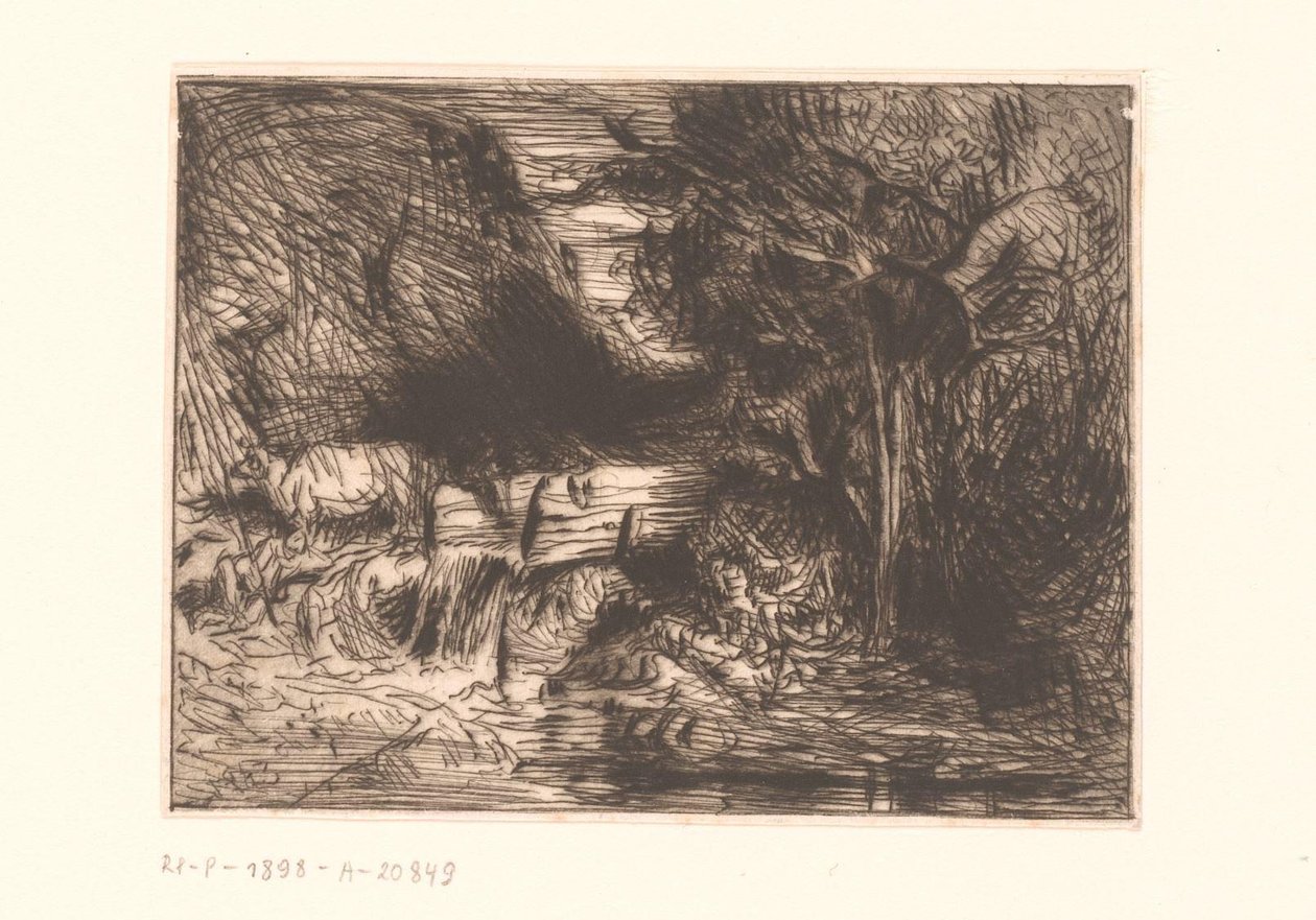 Paisagem com vaca e curso de água de Charles Emile Jacque (attributed to)